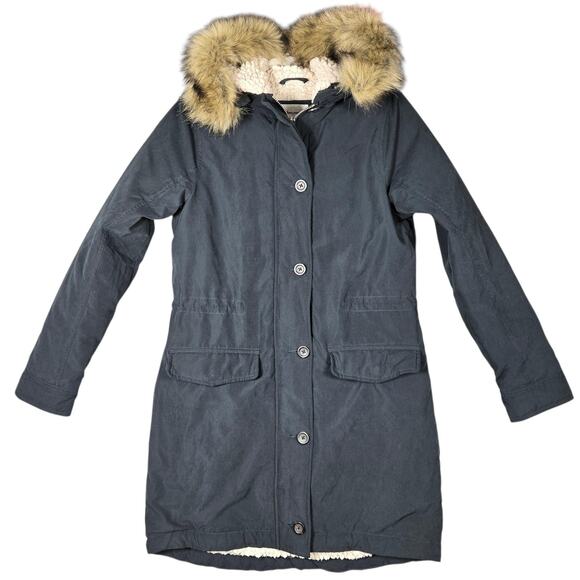 Abercrombie Fitch Womens M Navy Parka Coat Faux Fur Hood Sherpa Lined Jacket - Picture 1 of 12